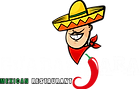 Smiling cartoon chef in sombrero, red bandana, and chili pepper,