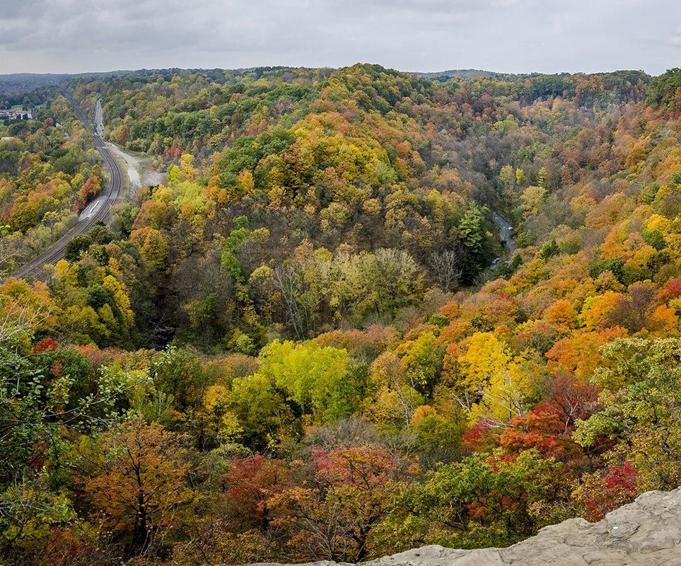 Overhead photo of Dundas, Ontario valley during fall time