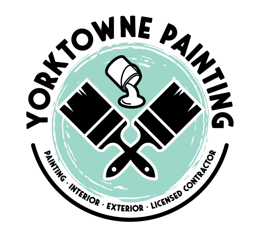 Yorktowne Painting logo with crossed paintbrushes and a paint can over a teal background.