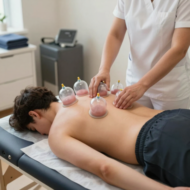 Massage therapist applying cupping therapy to a client’s back in a clinic room