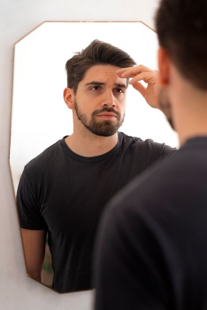 Man looking in a mirror, touching his eyebrow in a bright bathroom.