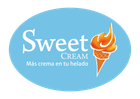 Logotipo para helado Sweet Cream, óvalo azul claro con texto blanco y un cono de helado naranja.