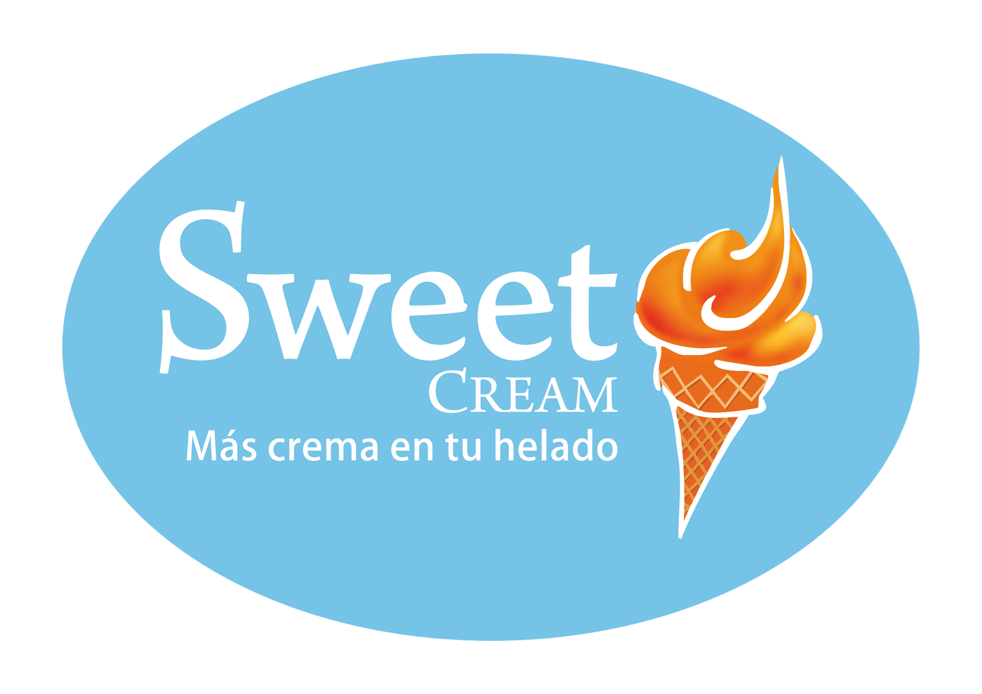 Logotipo para helado Sweet Cream, óvalo azul claro con texto blanco y un cono de helado naranja.