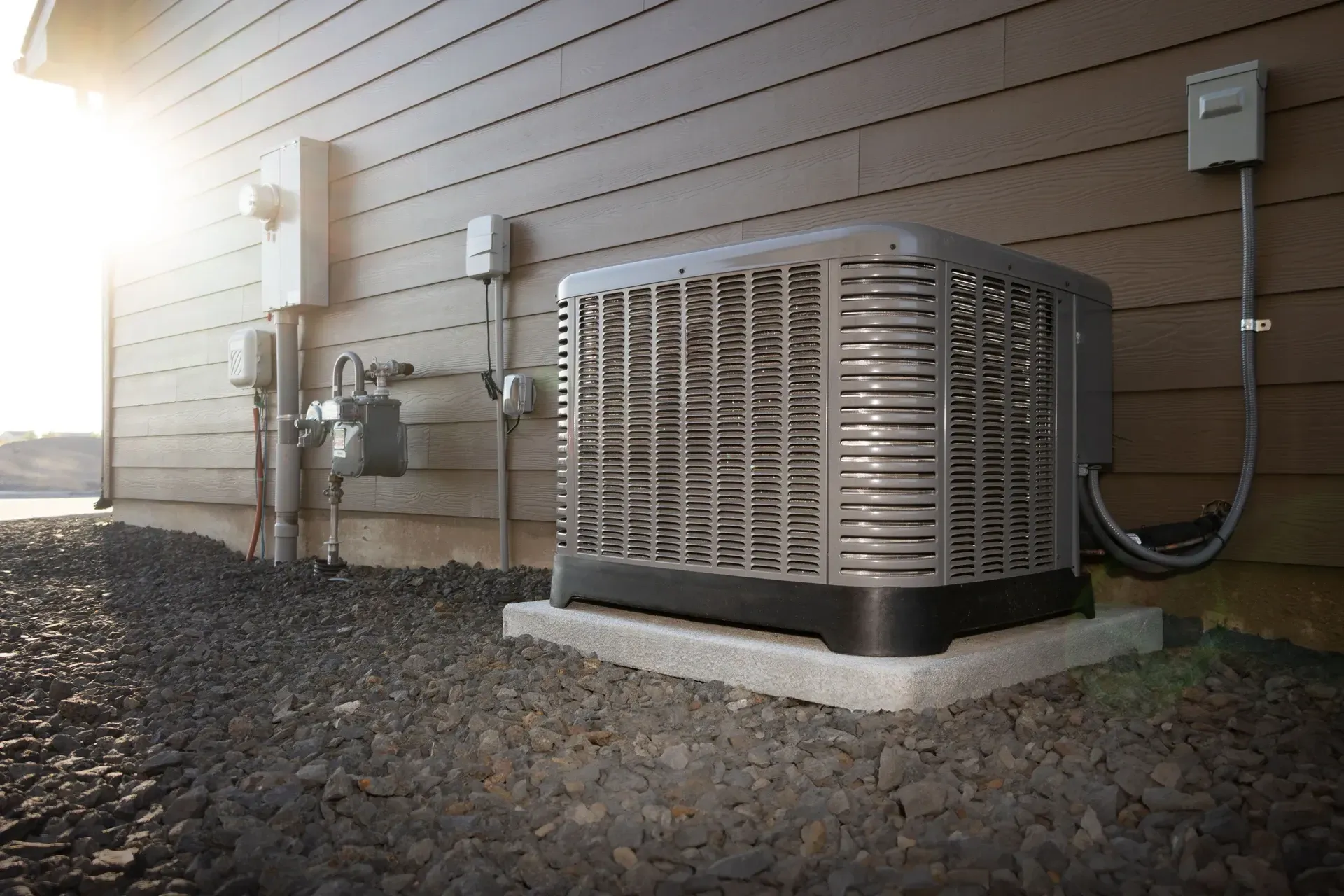Outdoor air-conditioning unit beside a house, with sunlight and gravel ground