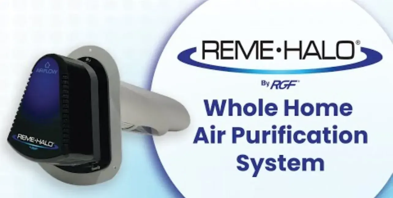 REME-HALO whole-home air purification system with black and silver unit on white background