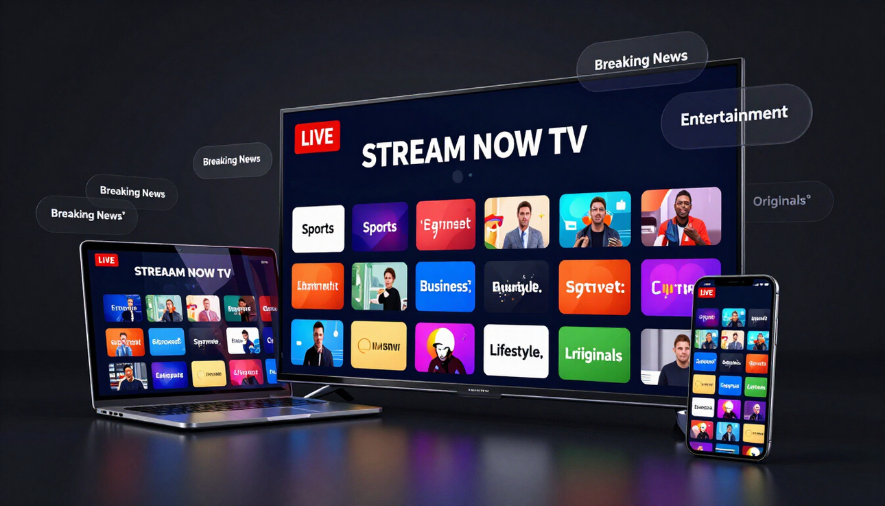 Stream Now TV multi-screen device composite showing streaming platform UI