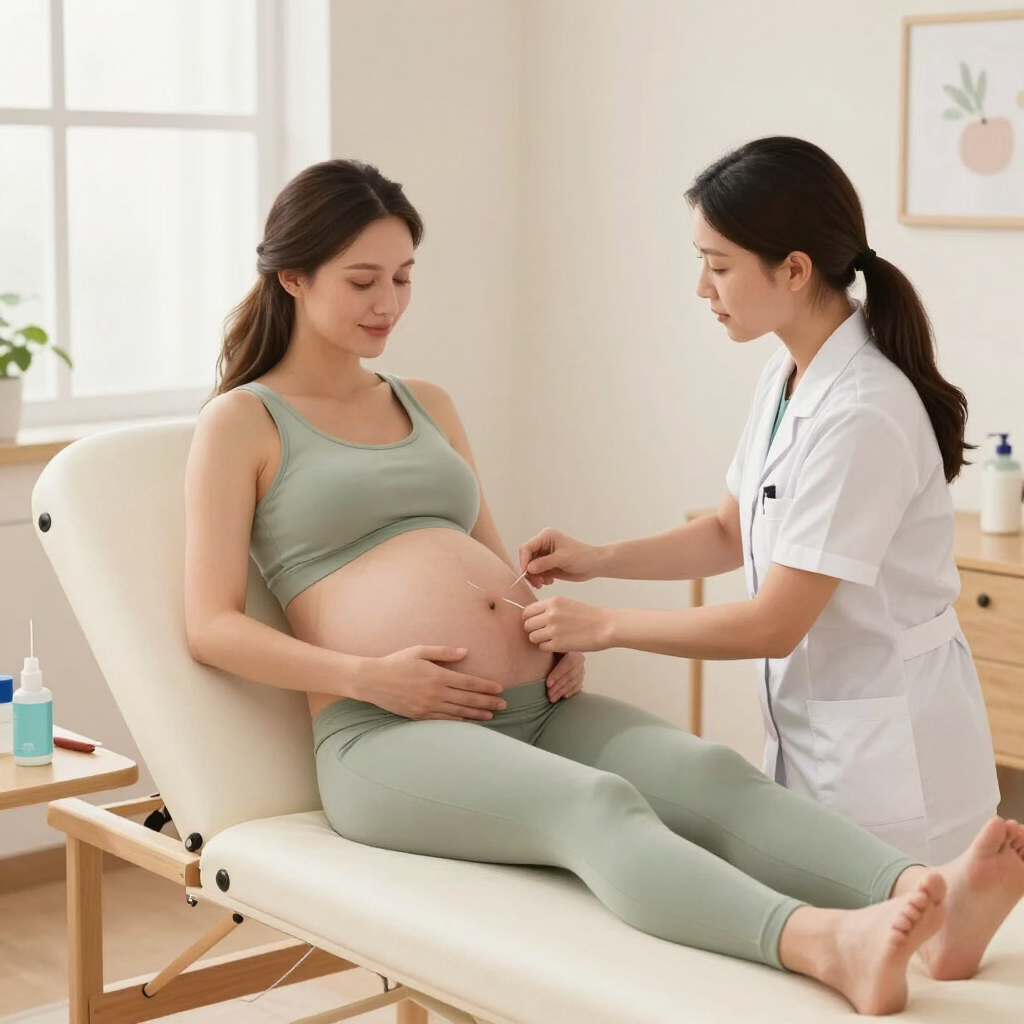 Pregnant patient receiving abdominal exam from clinician in a bright exam room