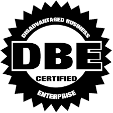Black-and-white DBE seal reading “Disadvantaged Business Enterprise” and “Certified”