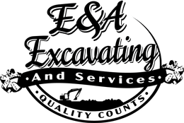 E&A Excavating and Services logo in black and white with “Quality Counts” banner