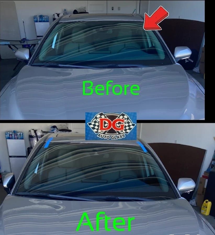 Before and after shots of a car windshield, the before shot shows water beading on the windshield.