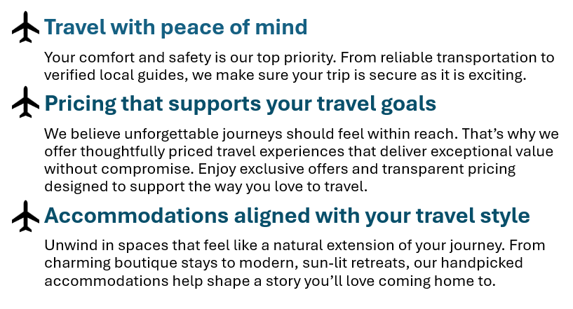 Three travel icons with headings: