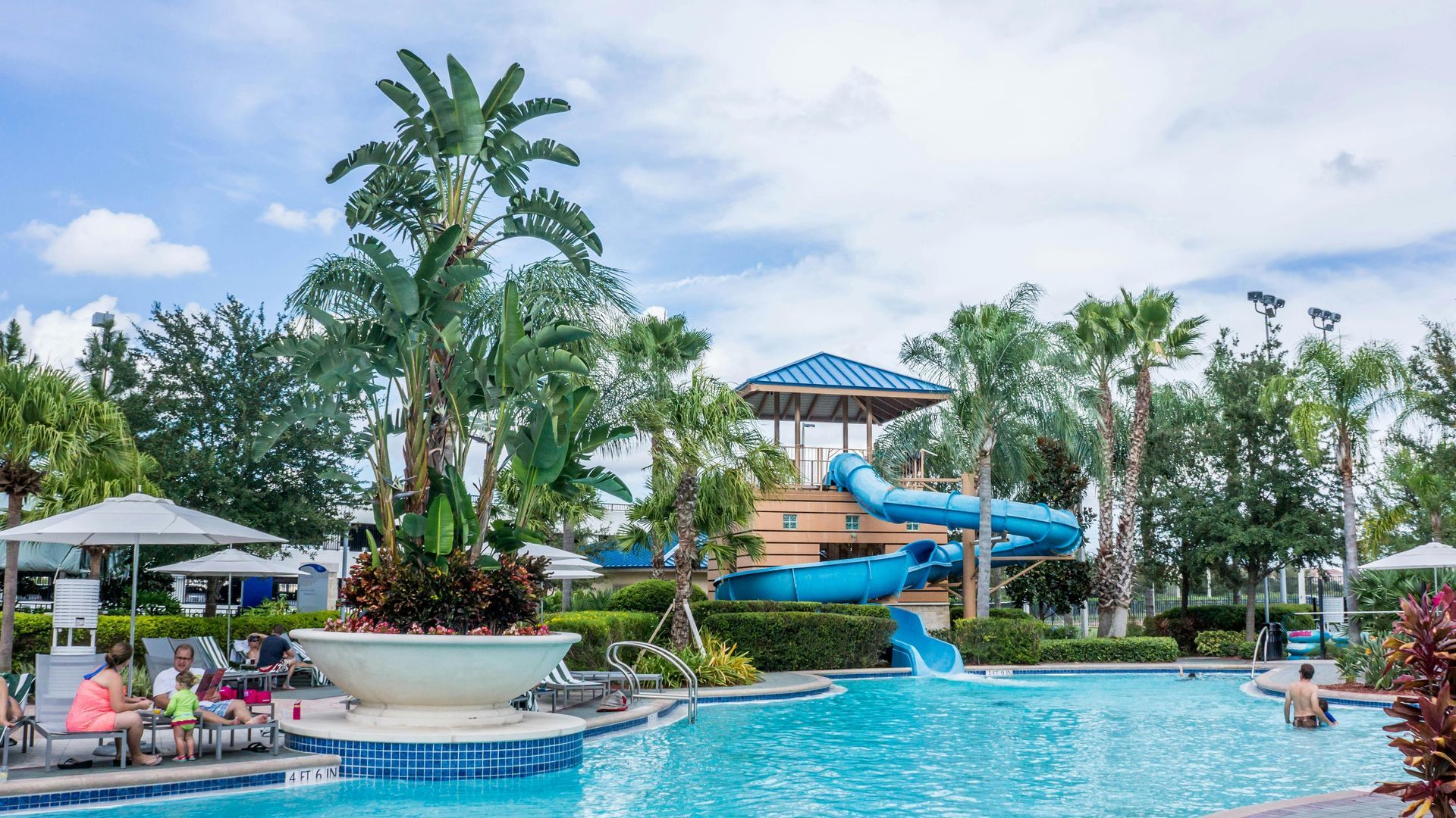 Resort pool with palm trees and a blue waterslide under a sunny sky