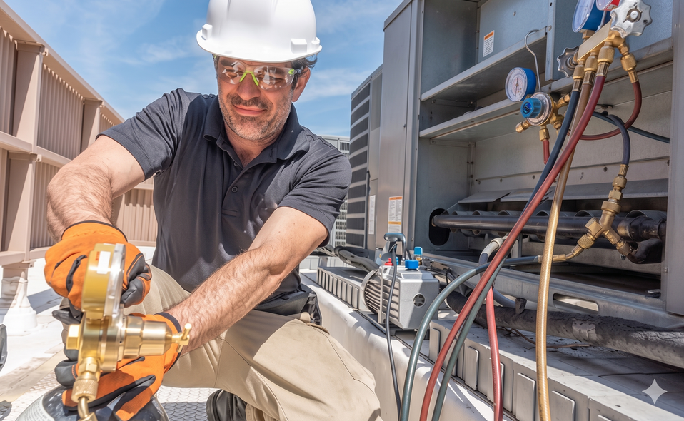 Worker in hard hat using an orange power tool beside industrial equipment outdoors