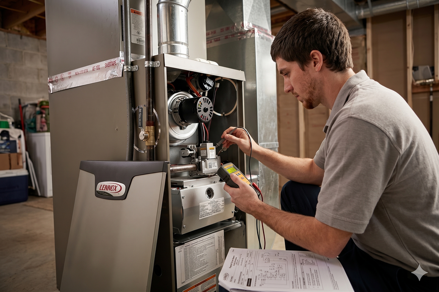Technician inspecting an HVAC unit with tools in a utility room, reviewing notes nearby