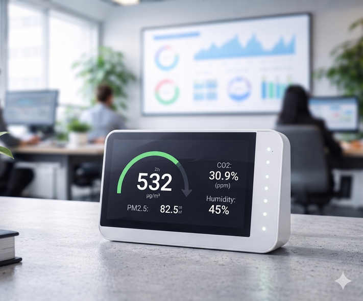 Small white smart monitor on desk showing analytics in a blurred office setting