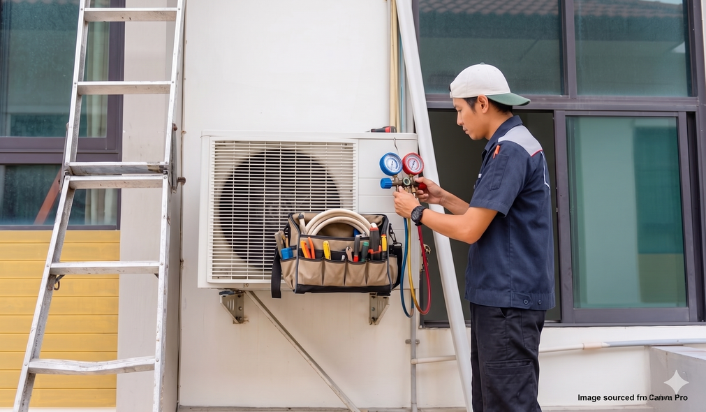 Technician repairing an outdoor air conditioner unit beside a ladder on a building wall.