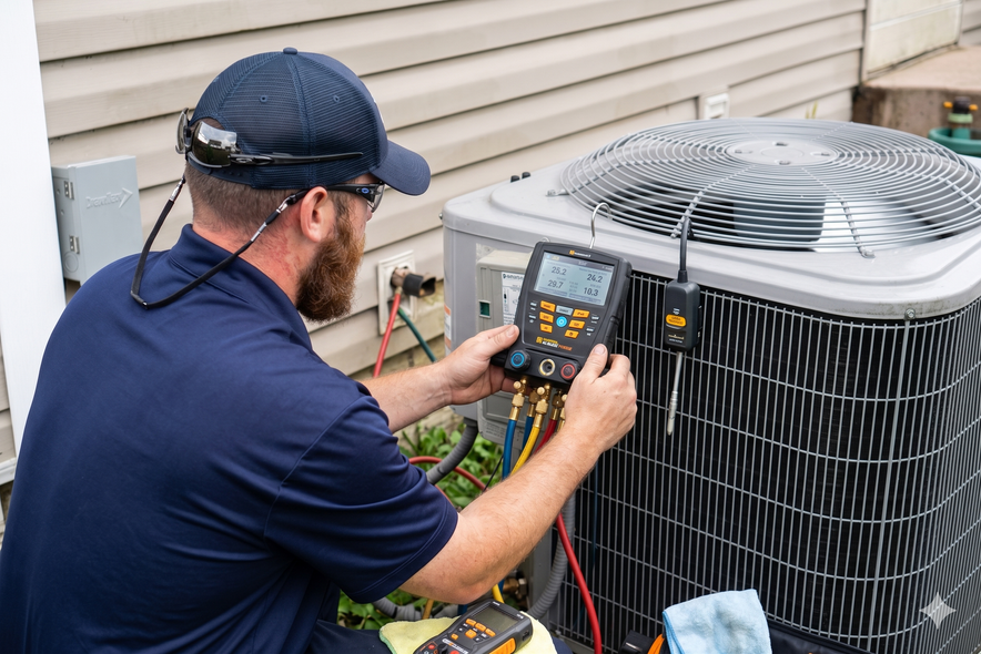 HVAC technician testing outdoor AC unit with a multimeter beside a house
