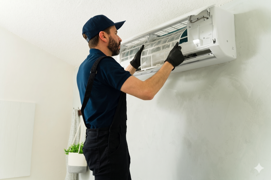 Technician cleaning a wall-mounted air conditioner indoors
