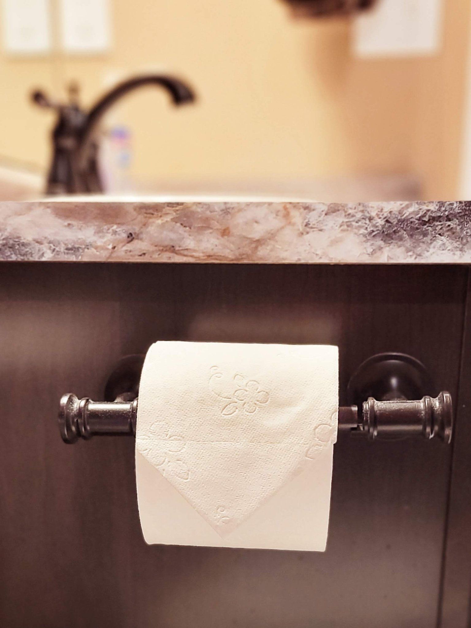 A roll of toilet paper is hanging on a towel rack in a bathroom
