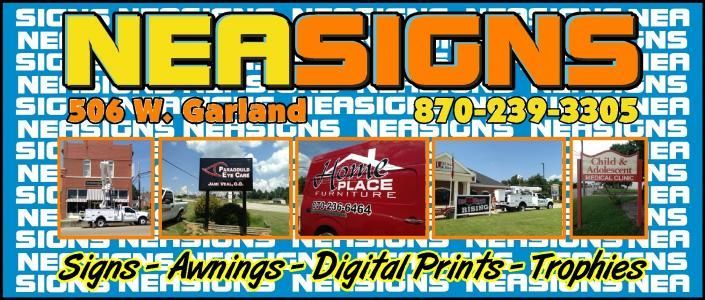 NEA Signs banner displaying address 506 W. Garland, phone 870-239-3305, services, and examples of their work.