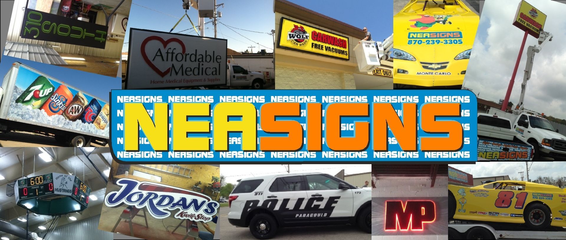 Collage of diverse signage examples, including vehicle wraps, building signs, and promotional graphics, labeled NEA SIGNS.