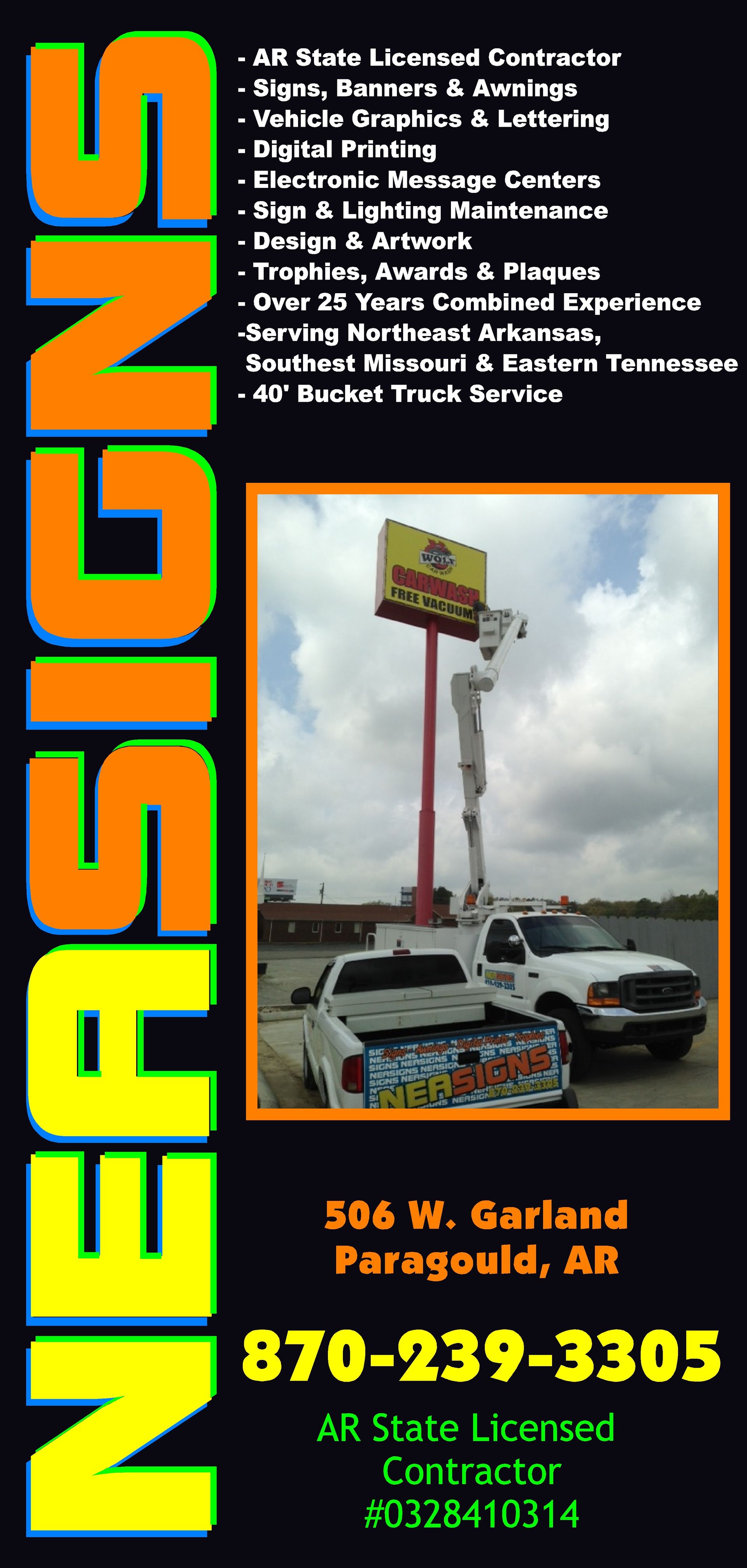 An advertisement for NASIGNS featuring a photo of a bucket truck servicing a sign, address, and phone number.