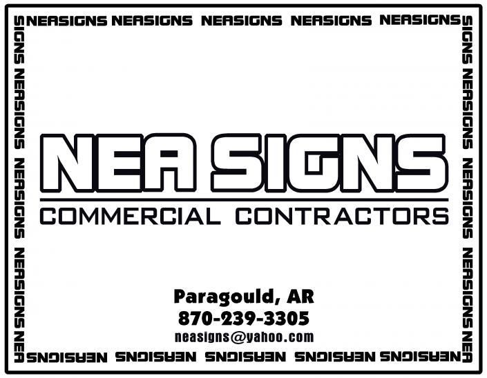 Logo for NEA Signs, a commercial contractor based in Paragould, AR, with contact info, surrounded by a border of text.