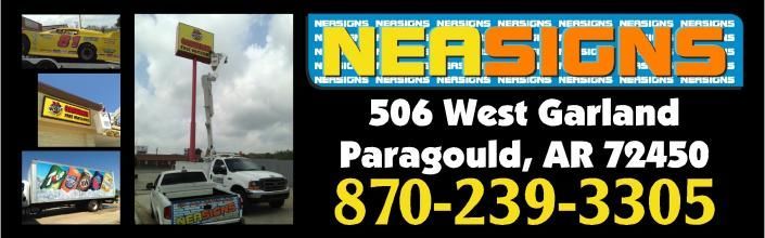 Business card for NEA Signs, Paragould, AR, featuring photos of signage work and contact information.