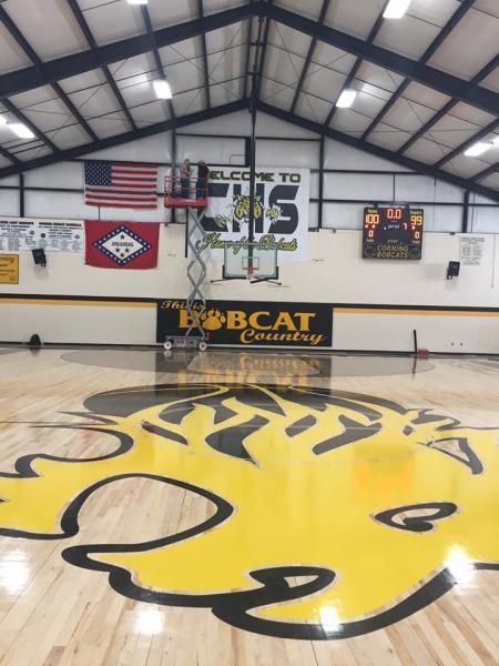 A yellow and black bobcat logo on a polished wood basketball court in a gym with an American flag and state flag.