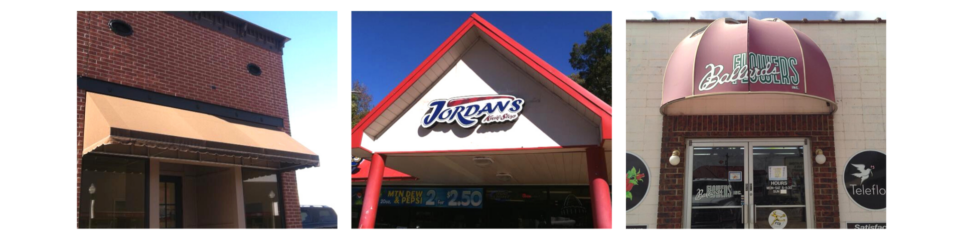 Three storefronts featuring distinct awnings, including a plain tan canopy, a red roof structure, and a rounded fabric dome.