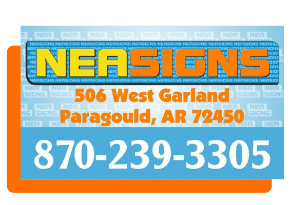 Business card for NEA Signs, 506 West Garland, Paragould, AR 72450, phone 870-239-3305, on a light blue background.