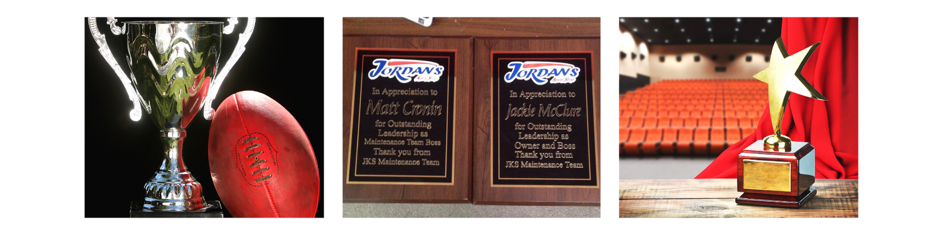 Three panels showing sports trophies, two commemorative plaques, and an award on a stage in a theater.