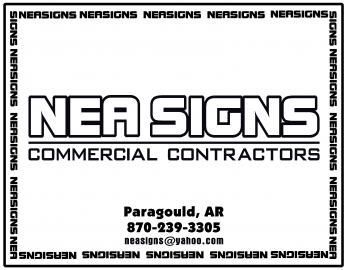 Business card for NEA Signs, commercial contractors in Paragould, AR, with contact info, framed by repeating logo text.