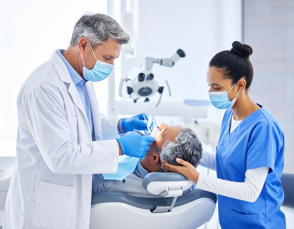 Dentist examining a patient's teeth with a dental assistant in a dental office.