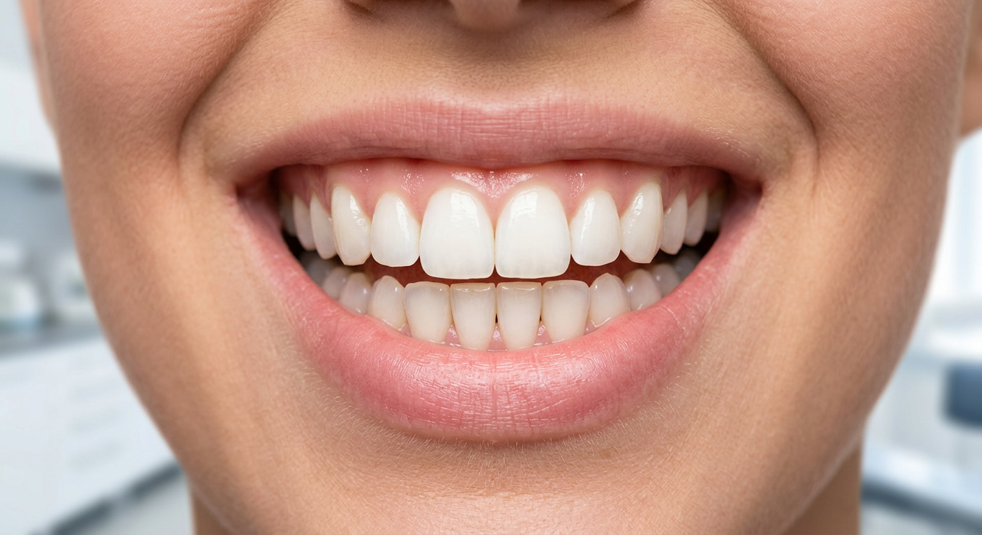 Close-up of a smiling mouth showing bright white teeth and pink lips