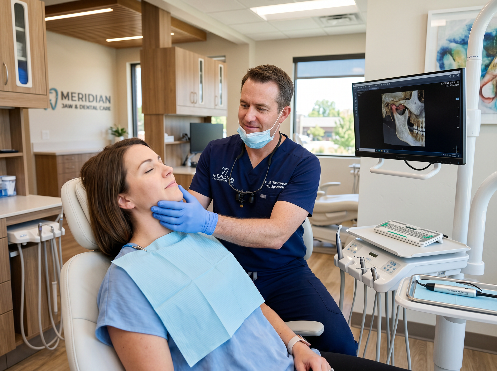 Dental hygienist examining a patient in a modern dental clinic while wearing gloves and a mask.