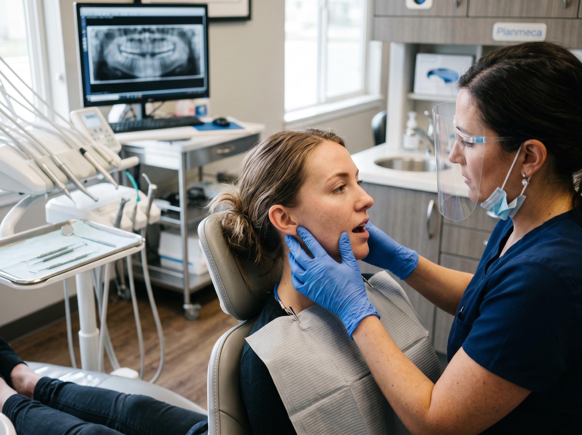 Dental exam with a dentist examining a patient in a clinic, with an X-ray visible on a monitor.