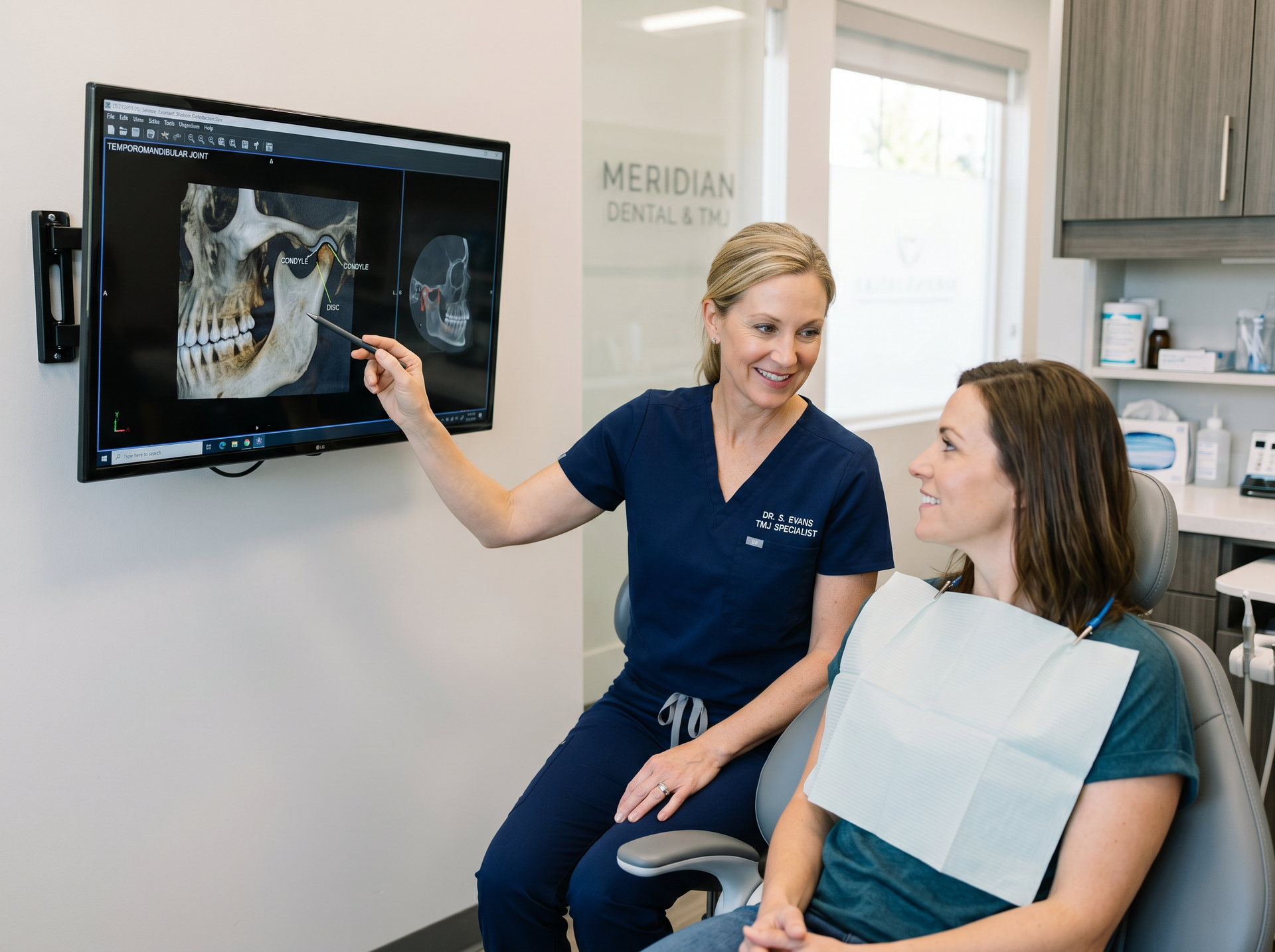 Clinician showing a dental X-ray on a wall monitor to a seated patient in a bright exam room