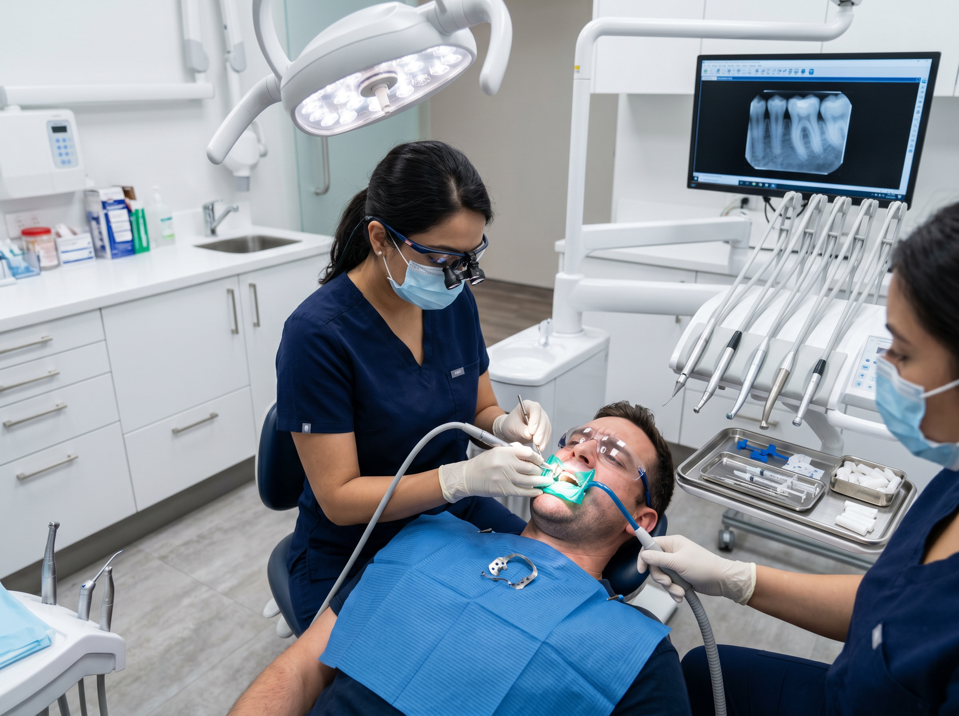 Dentist treating patient in a bright clinic while a dental X-ray displays on the monitor