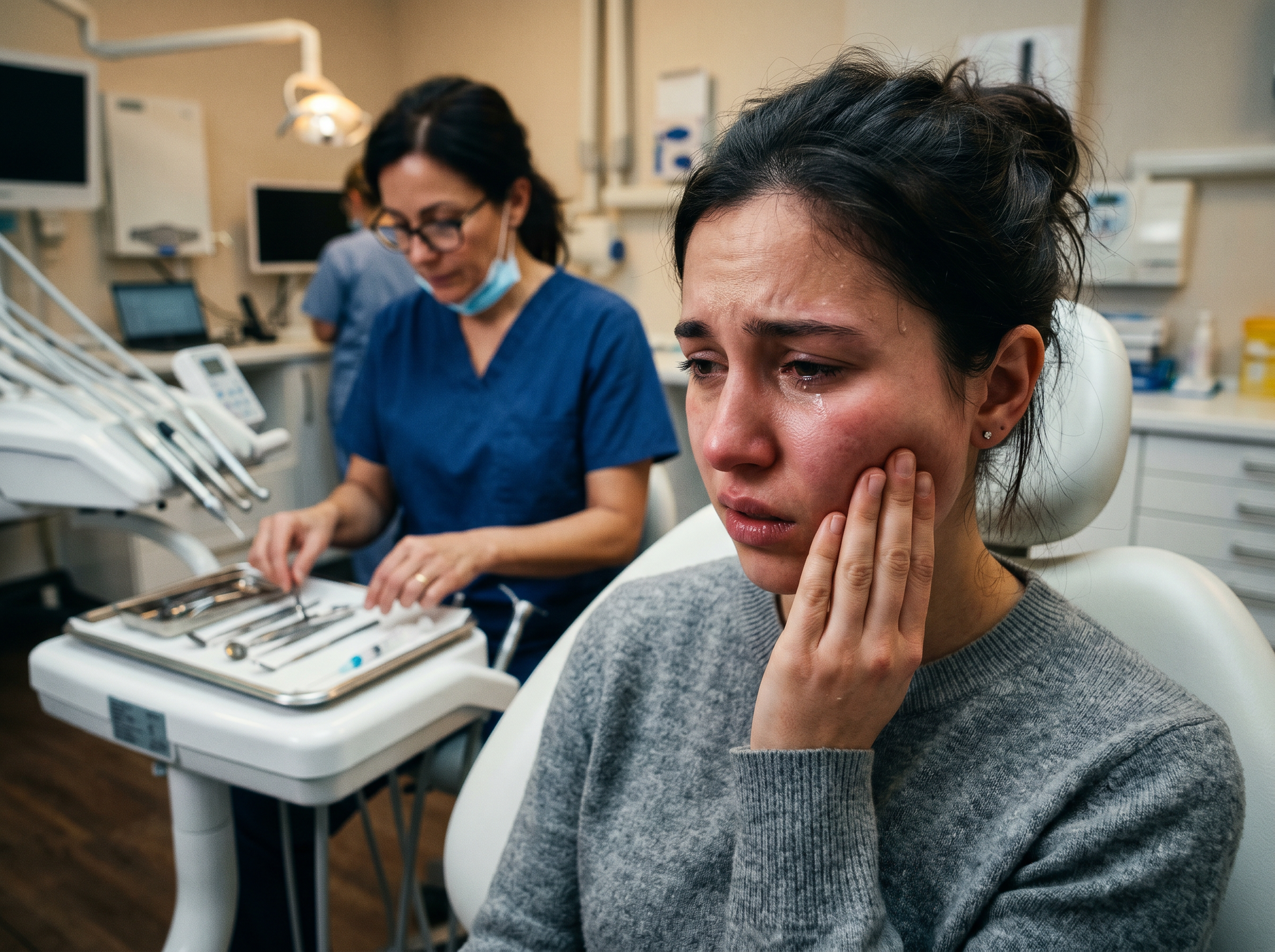 Upset patient holding cheek in a dental clinic while a dentist examines equipment in the background