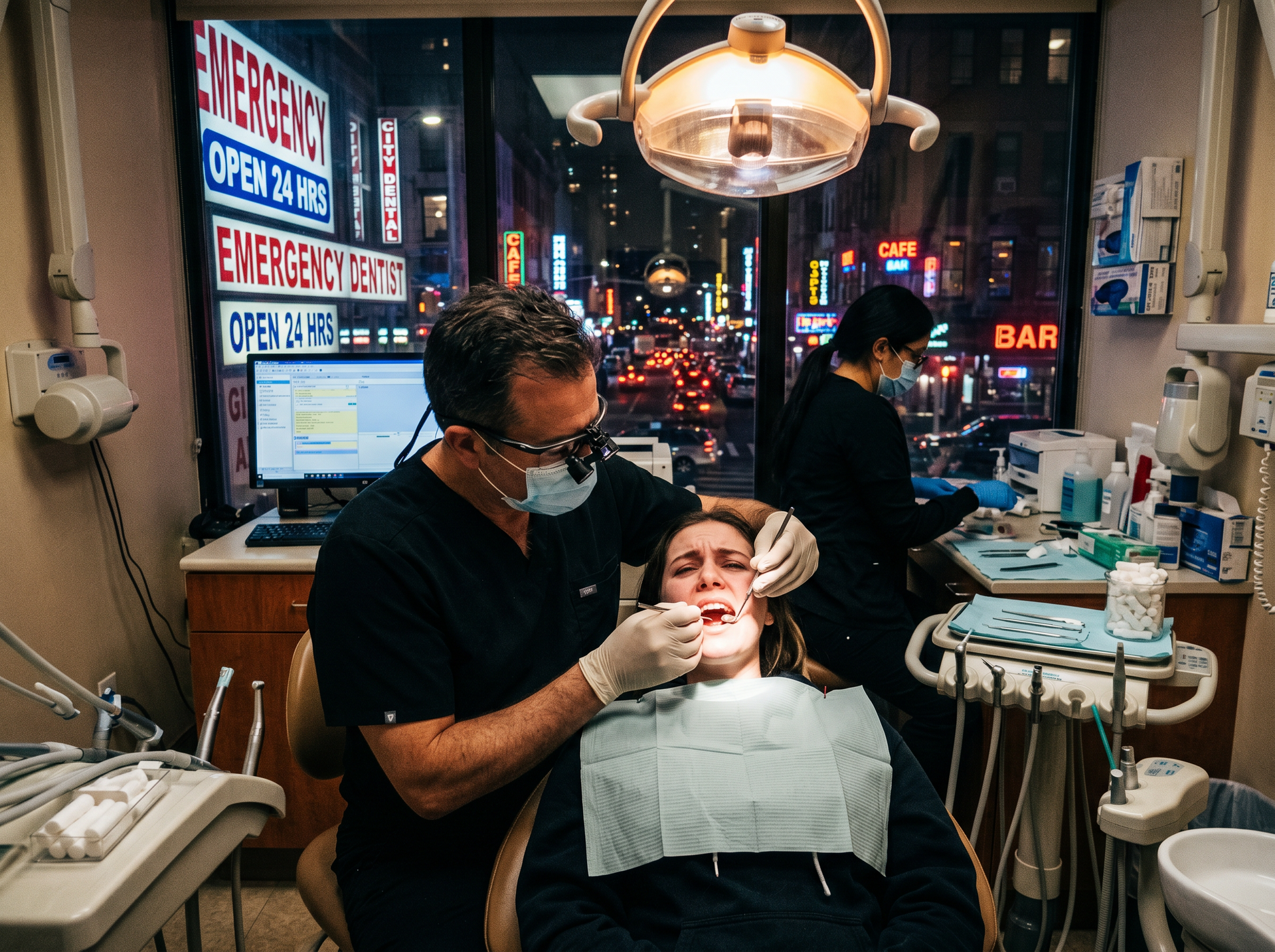Dentist treating a patient in a small clinic with city lights visible through the window