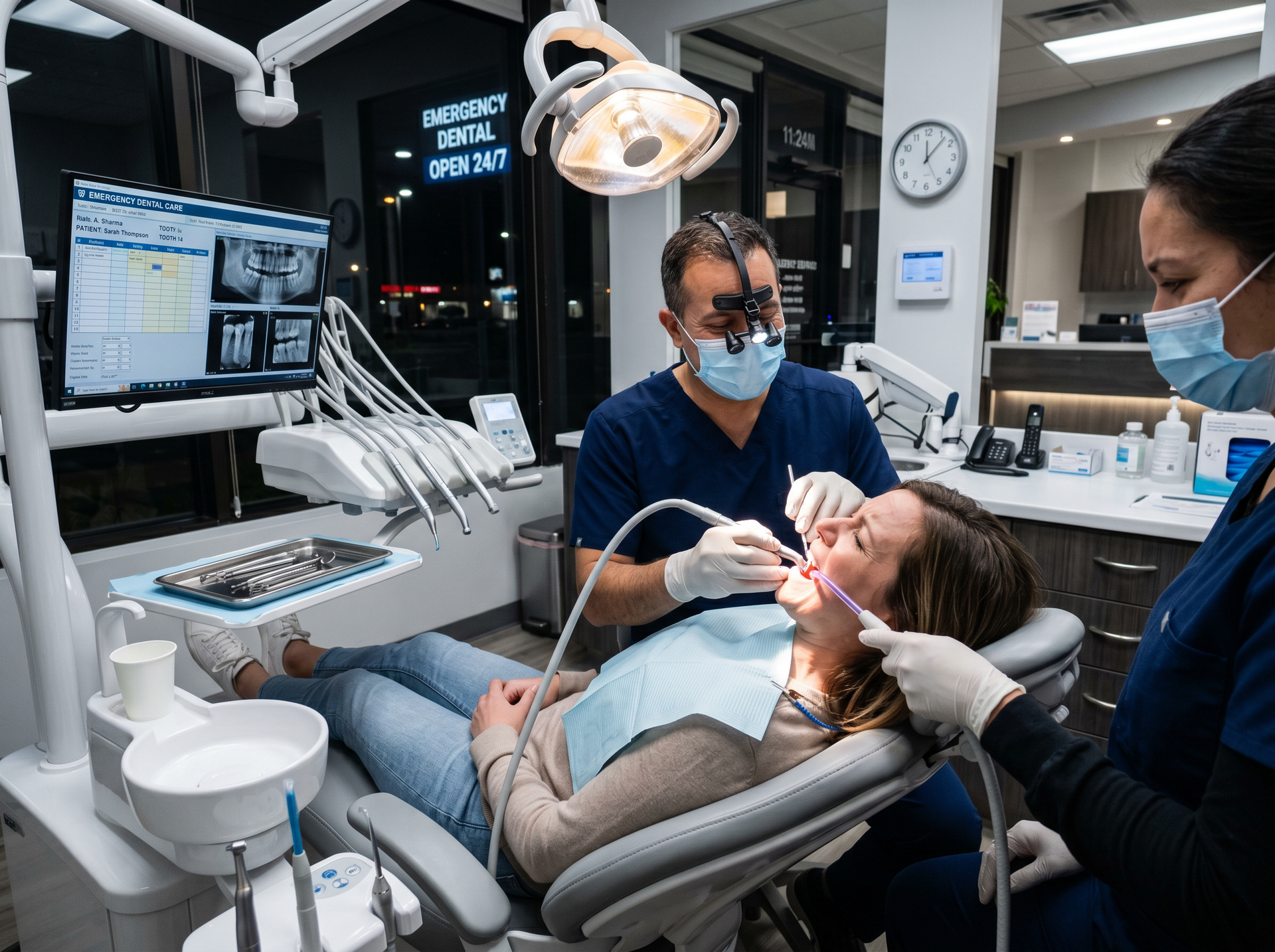 Dentist treating patient in a clinic, with two masked dental staff and equipment nearby.