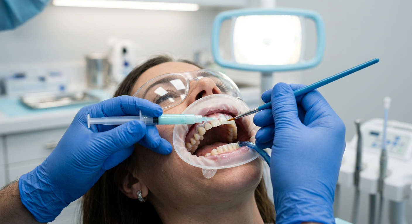 Dentist examining a patient’s open mouth with dental tools in a bright clinic