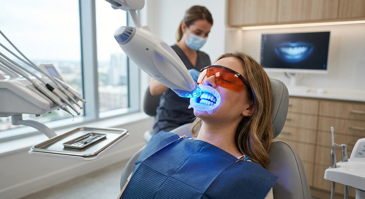 Dentist using a blue whitening light on a patient in a modern clinic