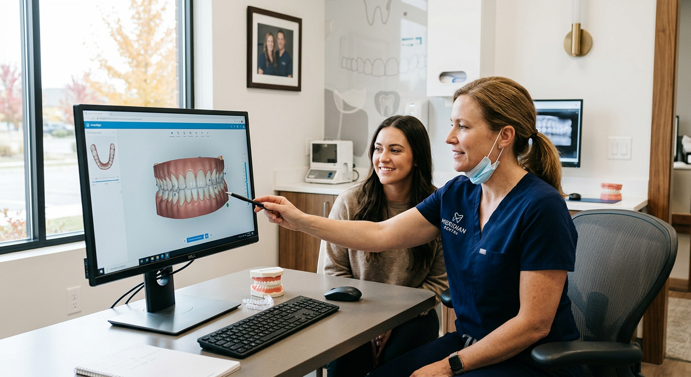 Two women in a clinic review a dental scan on a desktop monitor while one points at the screen