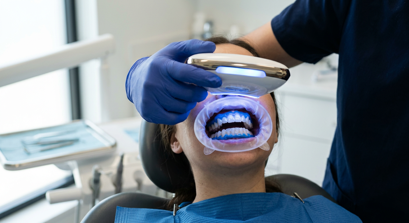 Dentist using a handheld light to treat a patient with a blue mouthguard in a dental chair