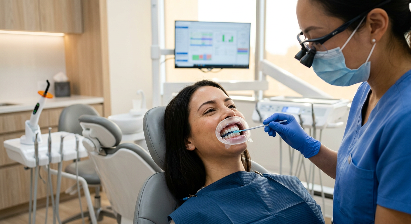 Dentist examining a smiling patient in a dental office with bright overhead lights