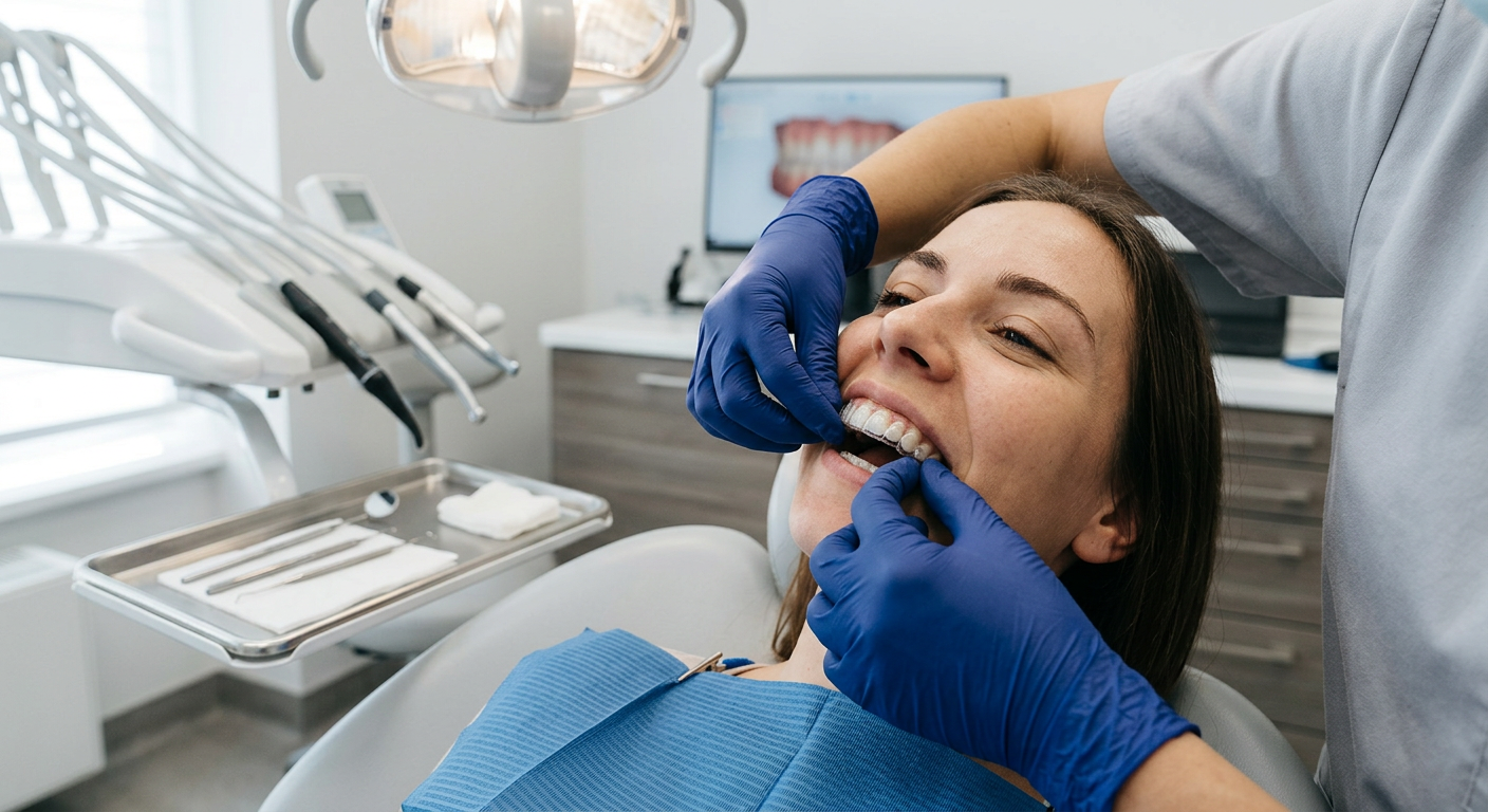 Dentist examining a patient in a dental chair with blue gloves and tools
