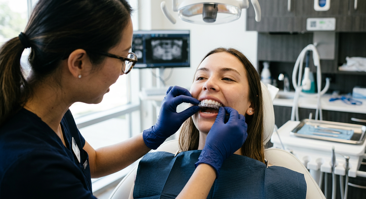 Dentist examining a smiling patient with blue gloves in a dental clinic