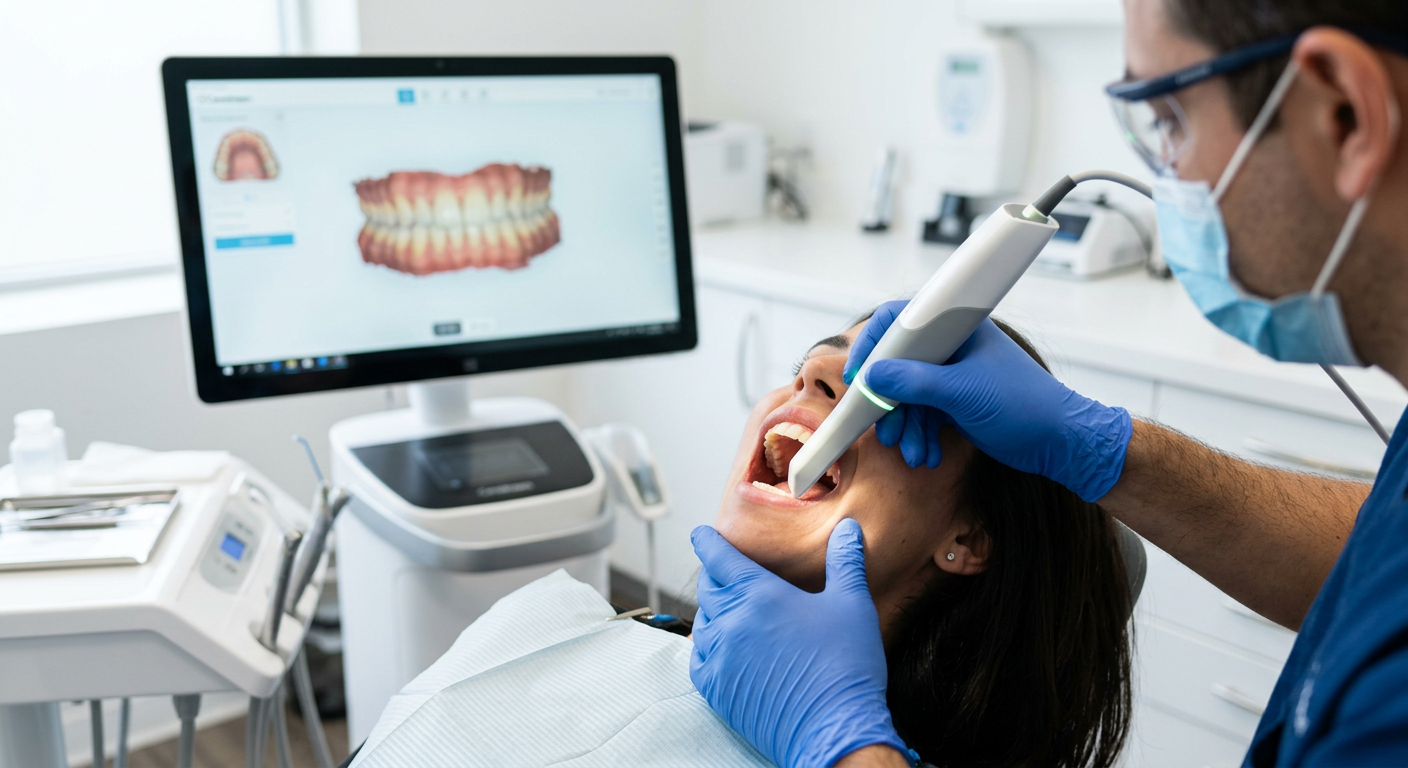 Dentist examining patient with a dental scanner in a bright clinic, with monitor displaying teeth